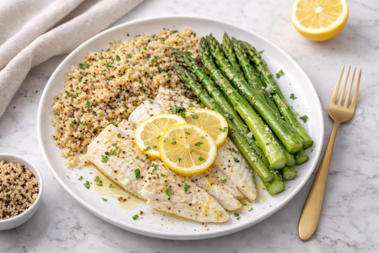 Pește alb la cuptor cu quinoa și sparanghel