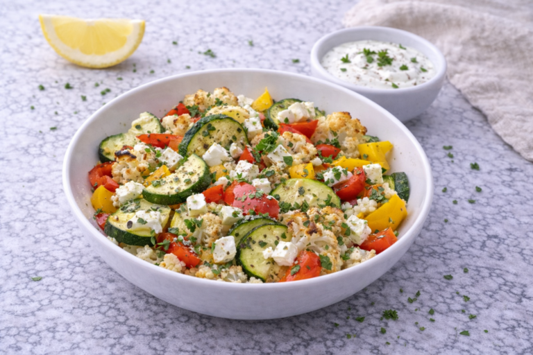 Roasted Vegetables with Light Feta and Yogurt Sauce