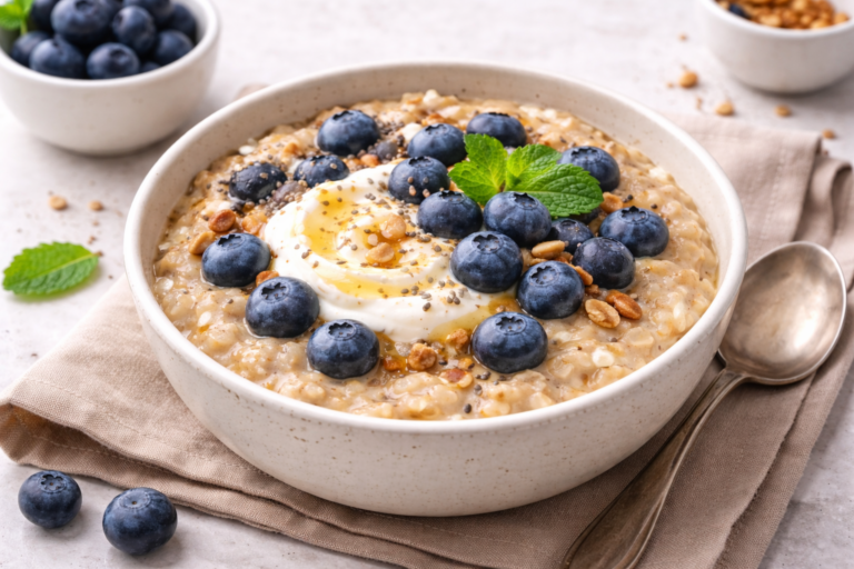Warm Oats with Blueberries and Yogurt