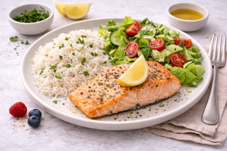 Baked Salmon with Basmati Rice and Salad