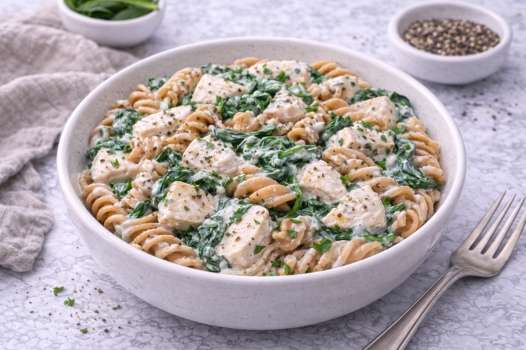 Whole Wheat Pasta with Chicken and Spinach in Yogurt Sauce