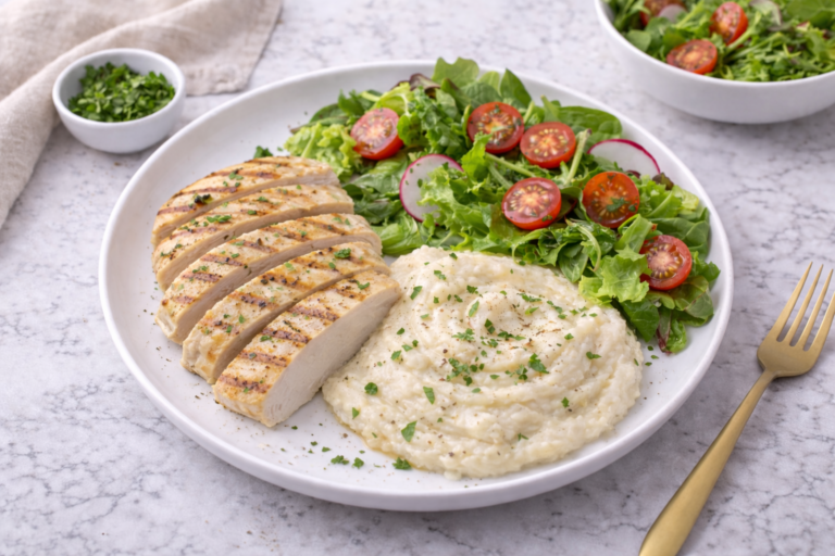 Grilled Turkey with Cauliflower Puree and Salad