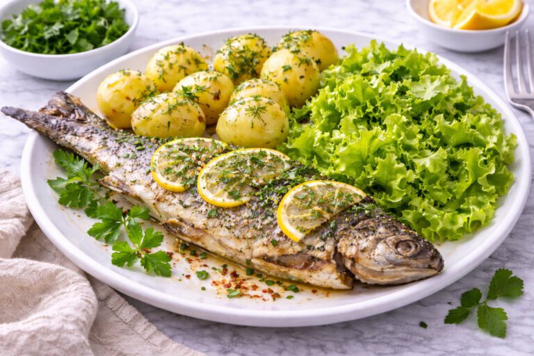 Baked Trout with Boiled Potatoes and Simple Salad