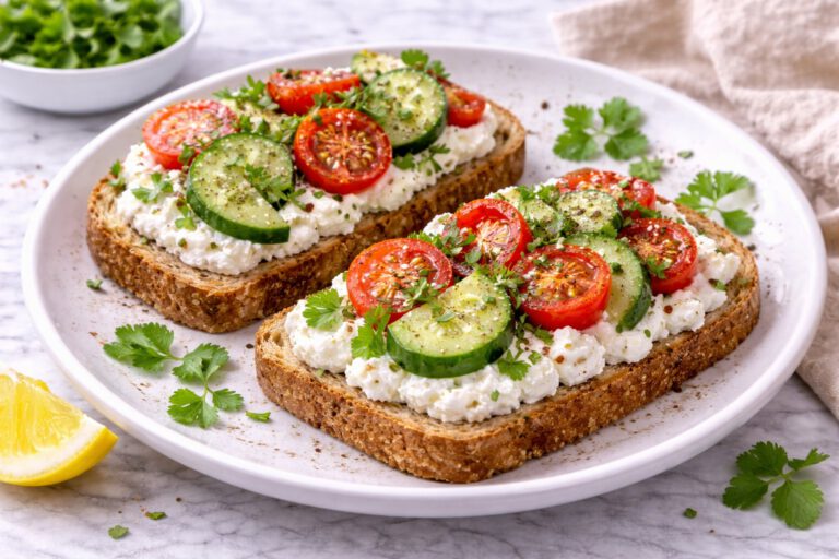 Toast integral cu brânză proaspătă și legume