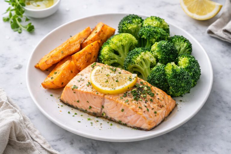 Baked Salmon with Sweet Potato and Broccoli