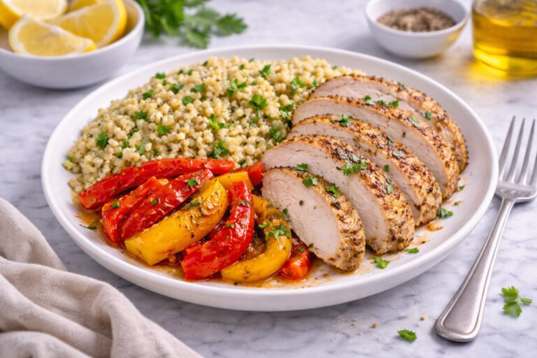 Baked Turkey with Whole Wheat Couscous and Roasted Peppers