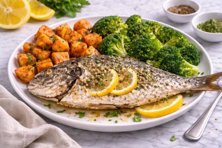 Baked Sea Bream with Sweet Potato and Broccoli