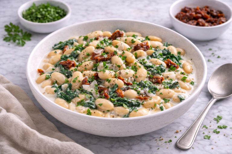 Fasole cu ceapă, roșii uscate și smântână