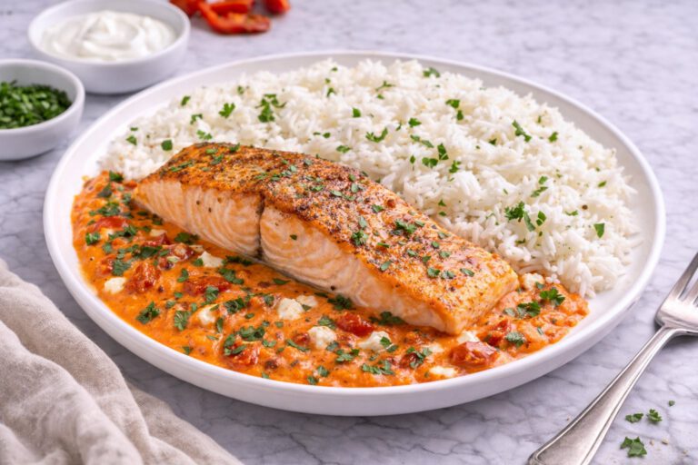 Salmon in Roasted Pepper Sauce, Yogurt and Basmati Rice