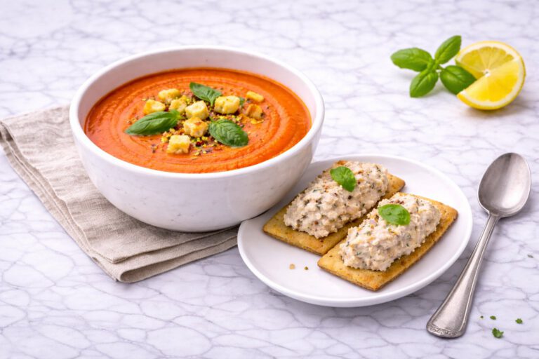 Creamy Tomato Soup and Crackers with Tuna Paste