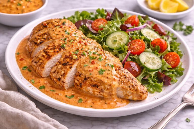 Chicken with Roasted Pepper Sauce, Yogurt and Salad