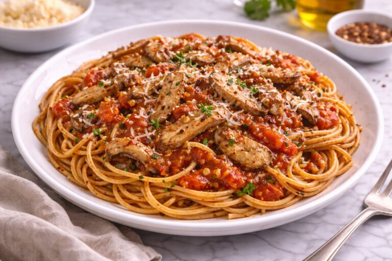 Whole Wheat Pasta with Tomato Sauce and Oyster Mushrooms