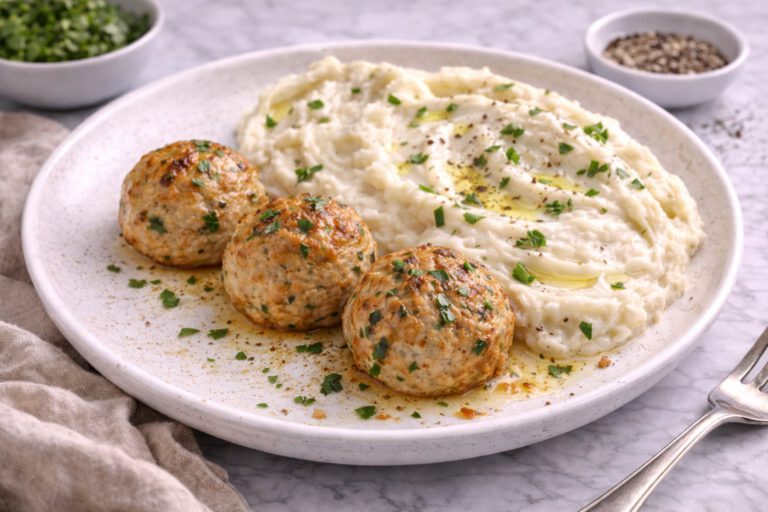 Baked Turkey Meatballs with Cauliflower Puree