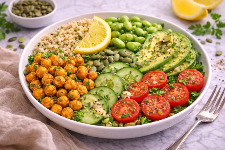 Bowl cu năut, edamame și orez integral