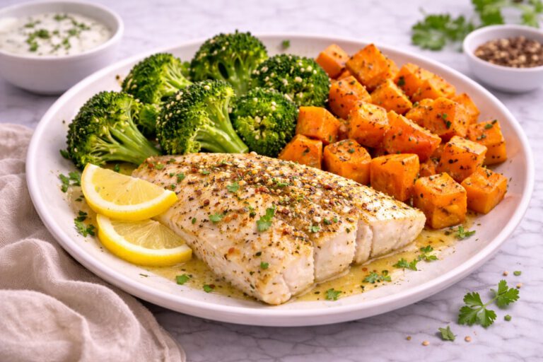 White Fish with Sweet Potato and Broccoli