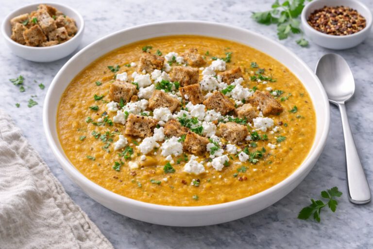 Creamy Lentil Soup with Goat Feta and Whole Wheat Croutons