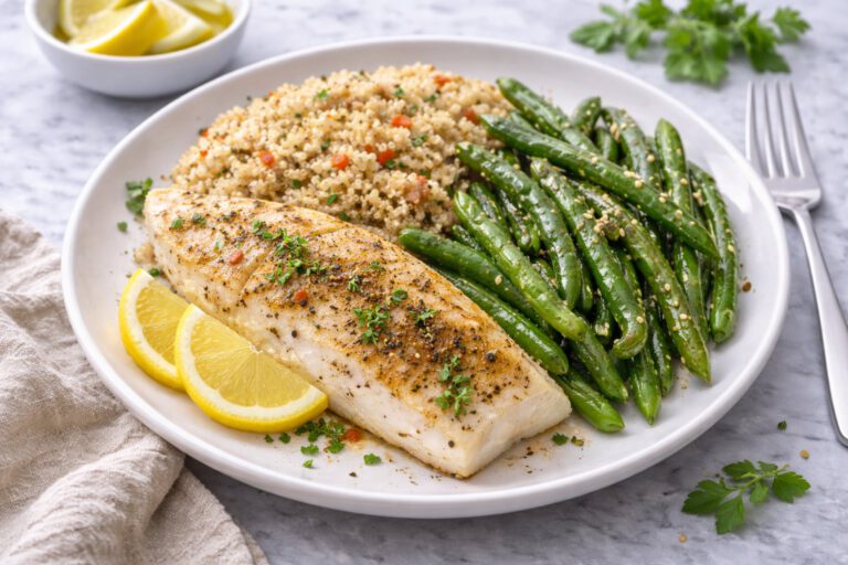 Pește alb cu quinoa și fasole verde
