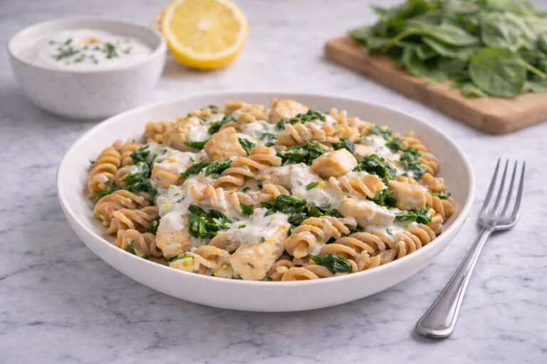 Whole Wheat Pasta with Chicken, Spinach and Lemon Yogurt Sauce