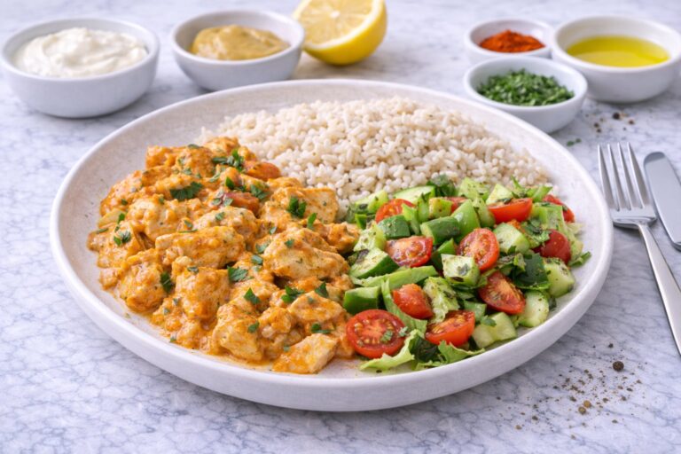 Creamy Chicken with Mustard, Paprika, Rice and Salad