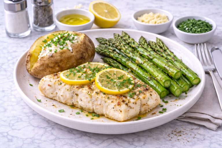 Baked White Fish with Asparagus and Baked Potato
