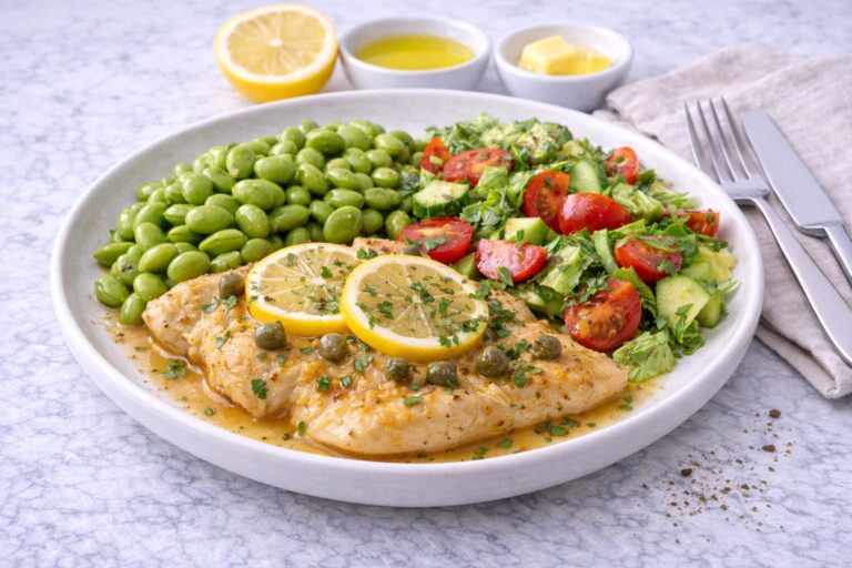 Chicken Piccata cu edamame și salată