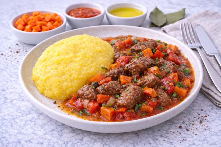 Tocăniță de vită slabă cu legume și mămăligă