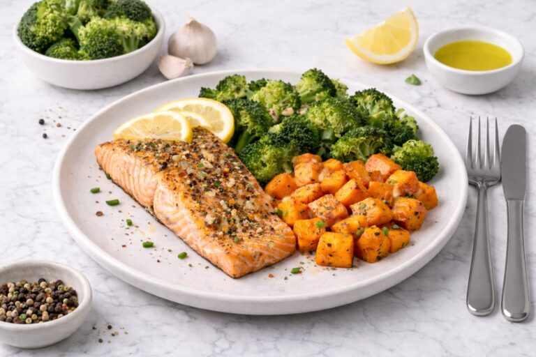 Baked Salmon with Sweet Potato and Broccoli