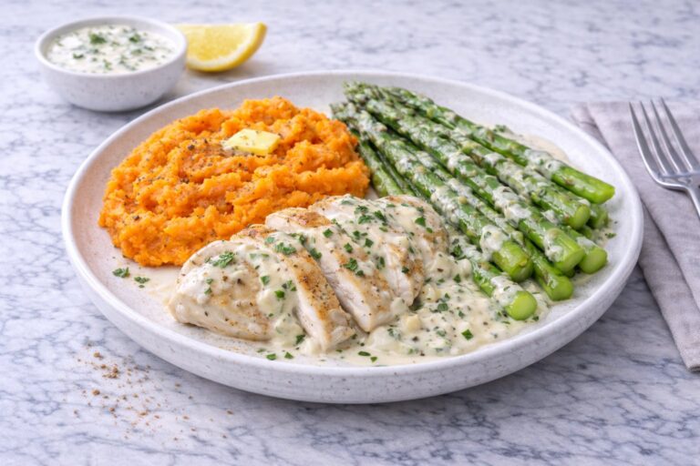 Creamy Chicken with Asparagus and Carrot Mash
