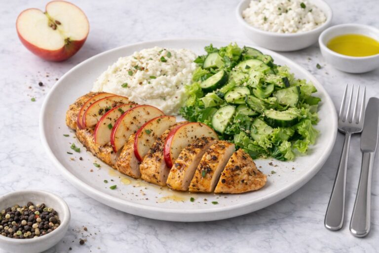 Piept de pui cu măr cu piure de conopidă și salată