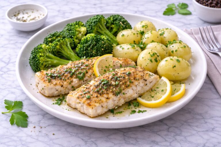 Pan-Fried White Fish with Broccoli and Plain Potato