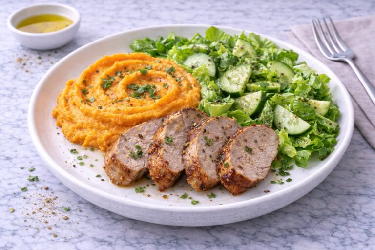 Baked Pork Tenderloin with Sweet Potato Mash and Salad