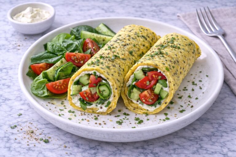 Pancakes with Egg, Chia, Cream Cheese and Crudités