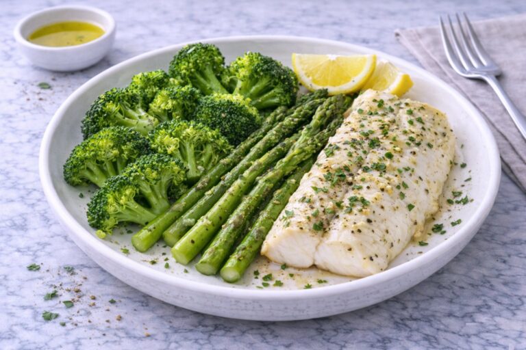 Baked White Fish with Broccoli and Asparagus