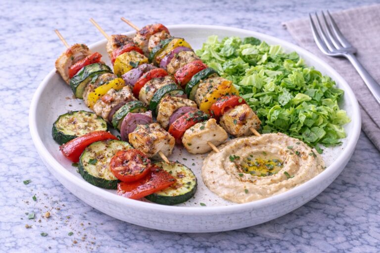 Grilled Chicken Skewers with Vegetables and Hummus