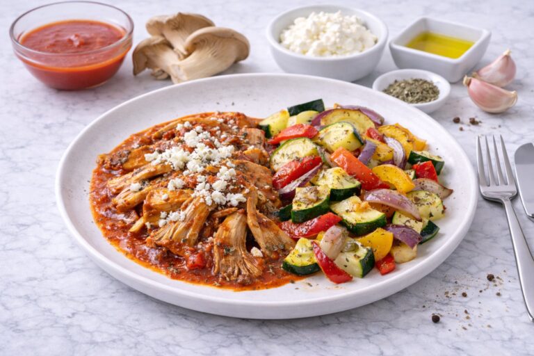 Oyster Mushrooms in Tomato Sauce with Oregano, Light Cheese and Roasted Vegetables