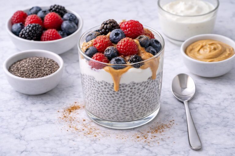Chia Pudding with Yogurt, Fruit and Peanut Butter