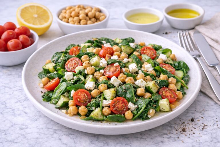 Salată caldă “green” cu năut, spanac și feta slabă