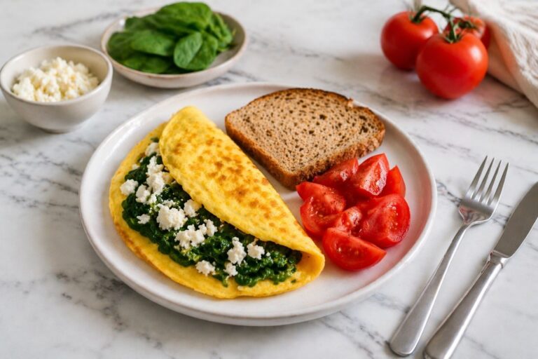 Omelet with telemea, spinach, tomatoes and wholemeal bread