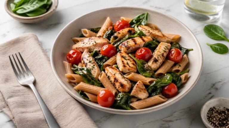 Whole wheat pasta with chicken, spinach and cherry tomatoes