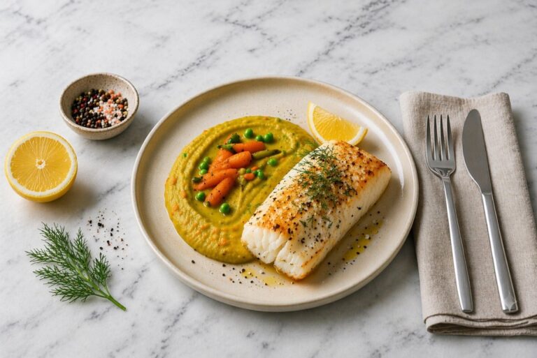 Baked cod with pea and carrot puree