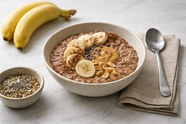 Overnight oats with cocoa, banana and peanut butter