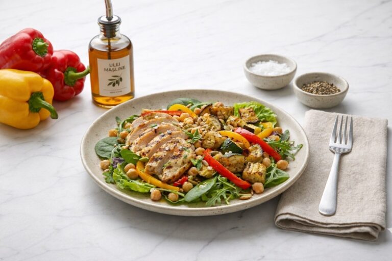 Warm salad with chicken, chickpeas and baked vegetables