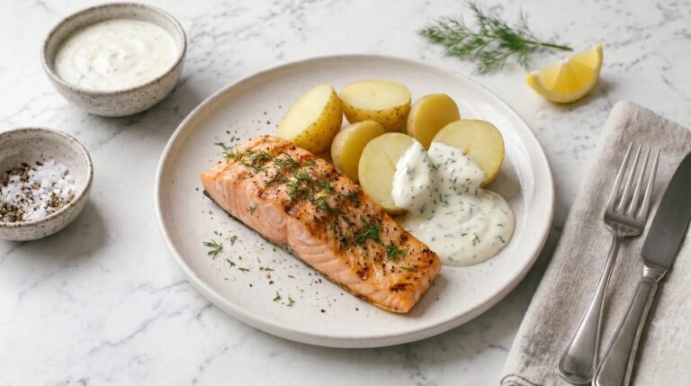 Grilled salmon with natural potatoes and lemon dressing