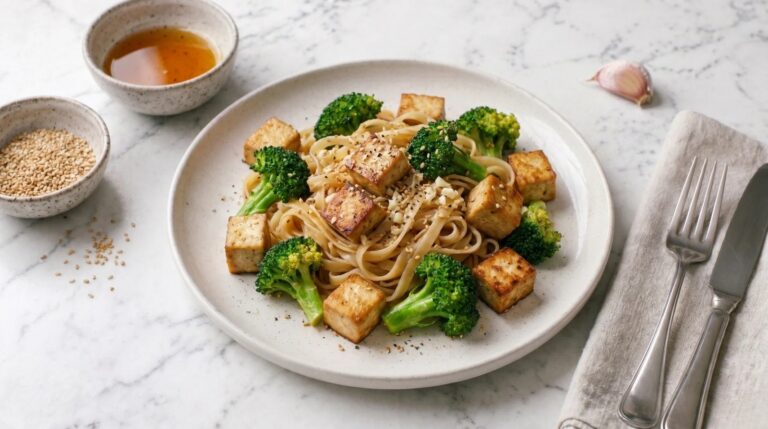 Browned tofu with broccoli and rice noodles