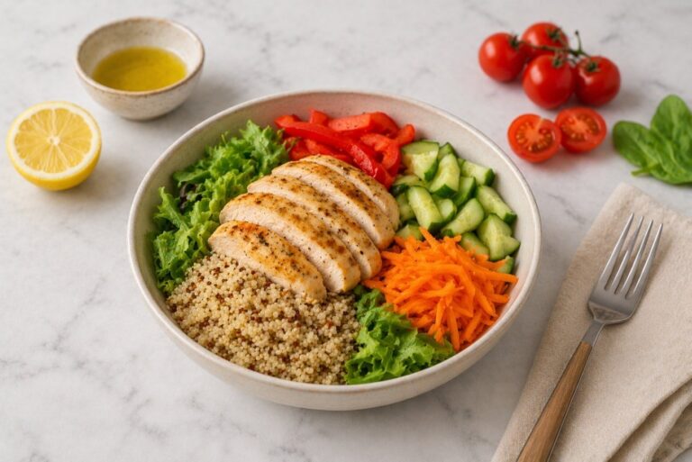 Bowl with chicken, quinoa and crunchy vegetables