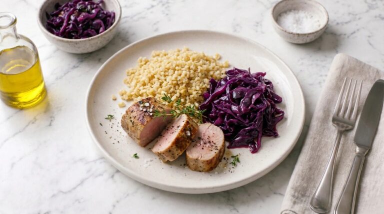 Pork tenderloin with bulgur and red cabbage