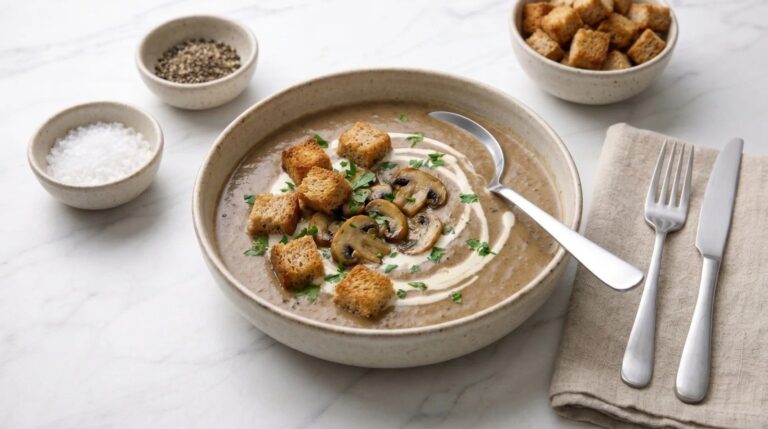 Cream of mushroom soup with sour cream and wholemeal croutons