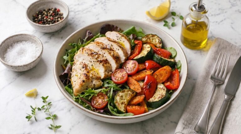 Protein bowl with chicken and baked vegetables
