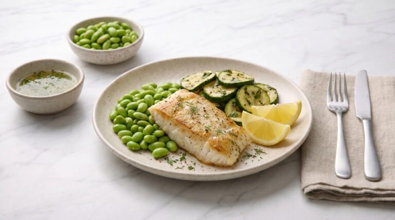 White fish with edamame and zucchini