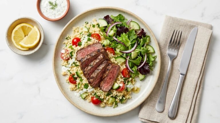 Beef with couscous and salad